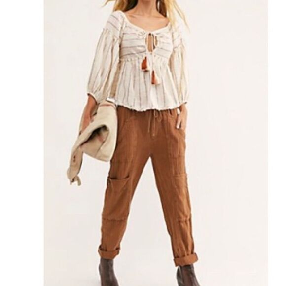 Free People Pants - Free People Feel Good Utility Pull On Pants‎ Sz XS Boho Linen Gauzy Brown